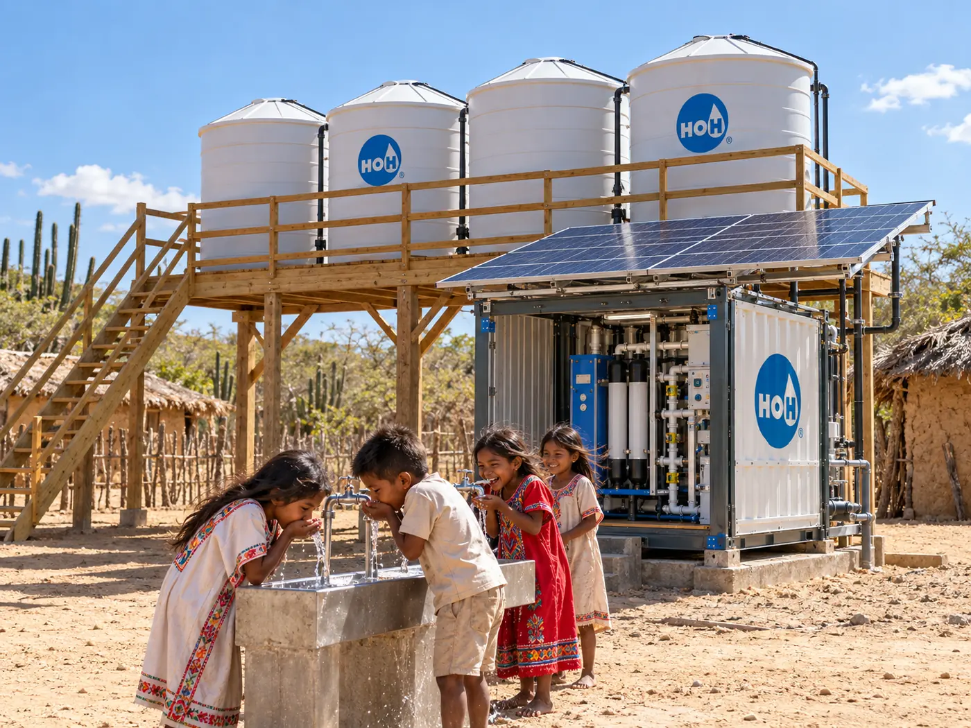 Planta HOH en contenedor con paneles solares, tanques elevados y punto de agua para una comunidad en zona desértica