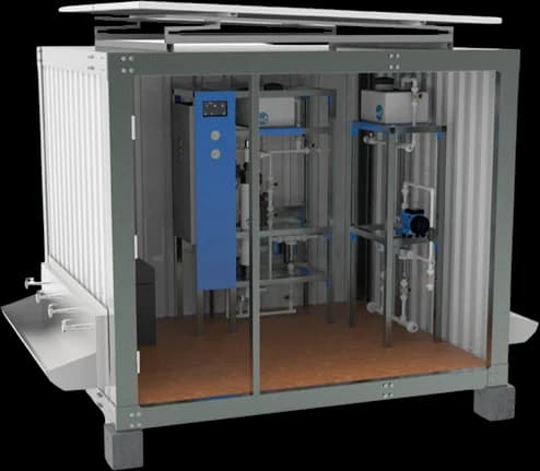 Render de una planta compacta en módulo metálico transportable