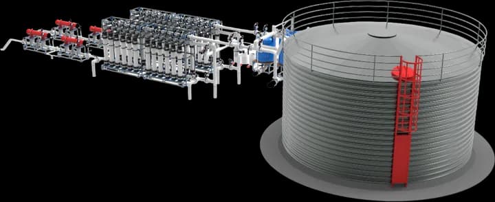 Render de una planta UF-MX de gran escala conectada a un tanque de almacenamiento